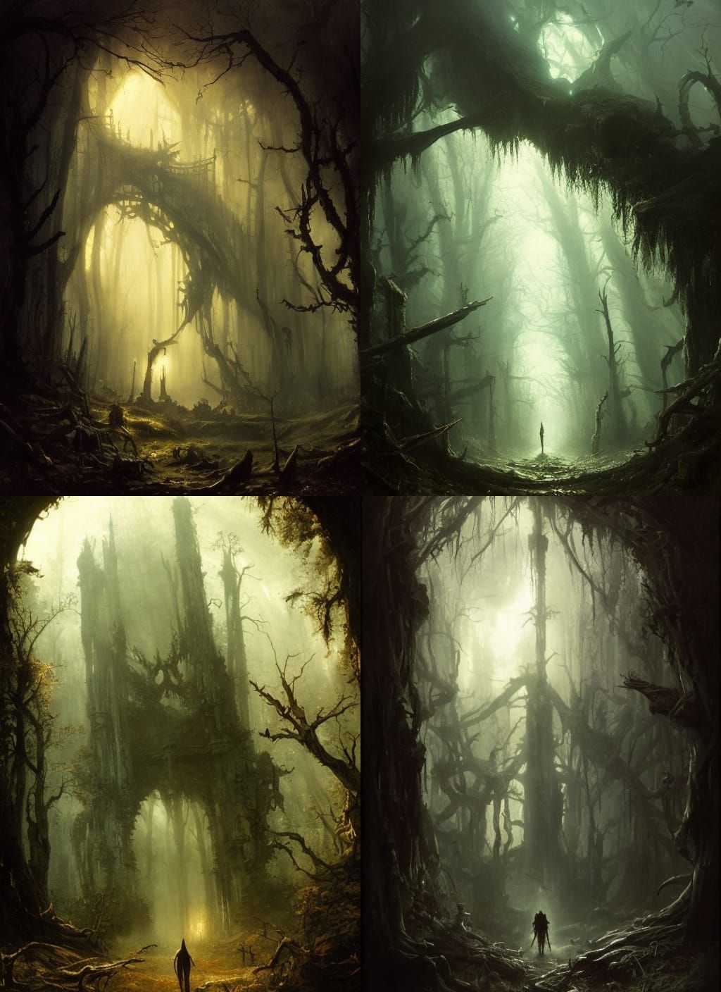 Dark Forest Archway with Skeleton, Dramatic Digital Painting