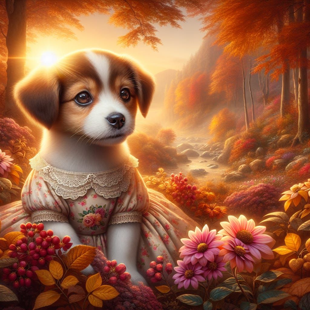 Puppy in Floral Dress Among Autumn Flowers