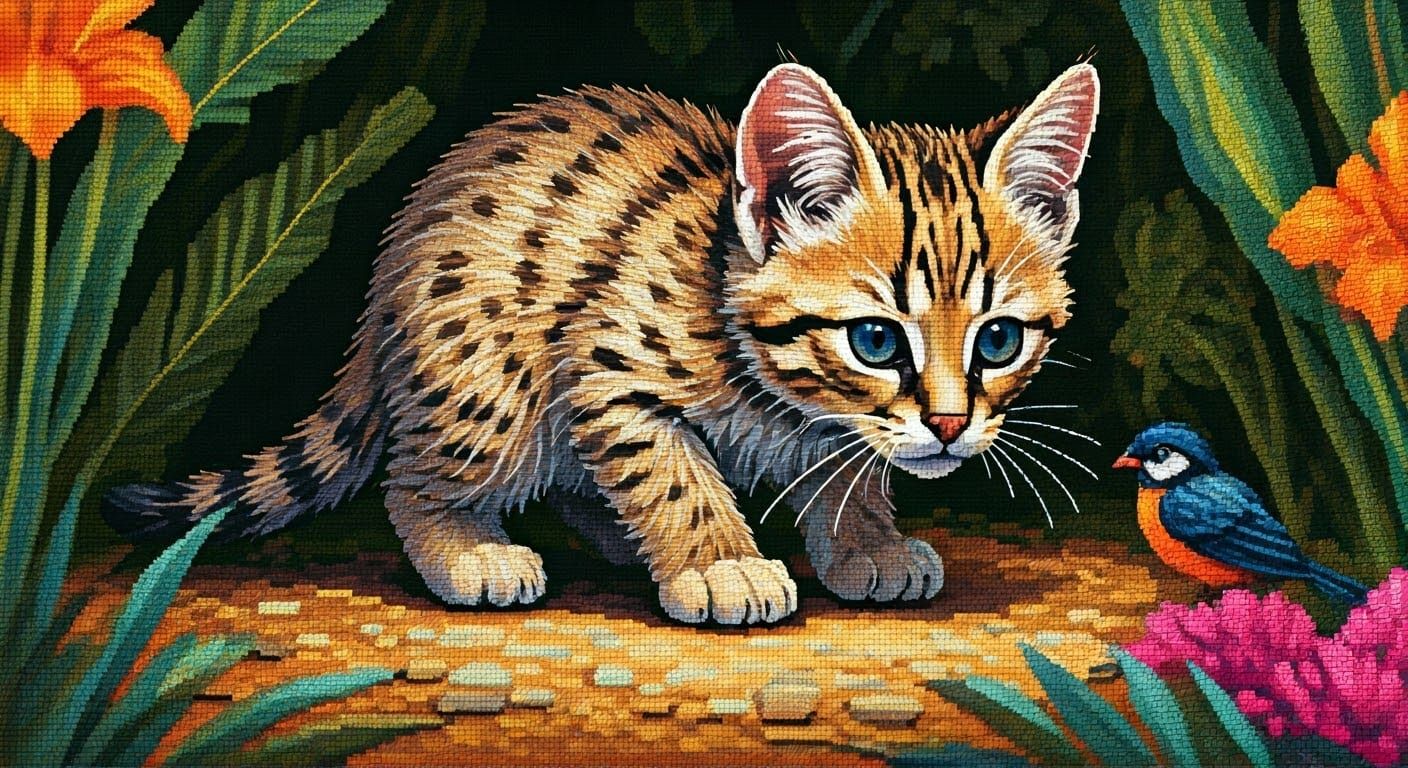 Fluffy African Wild Cat Kitten Stalks Bird in Vibrant South...