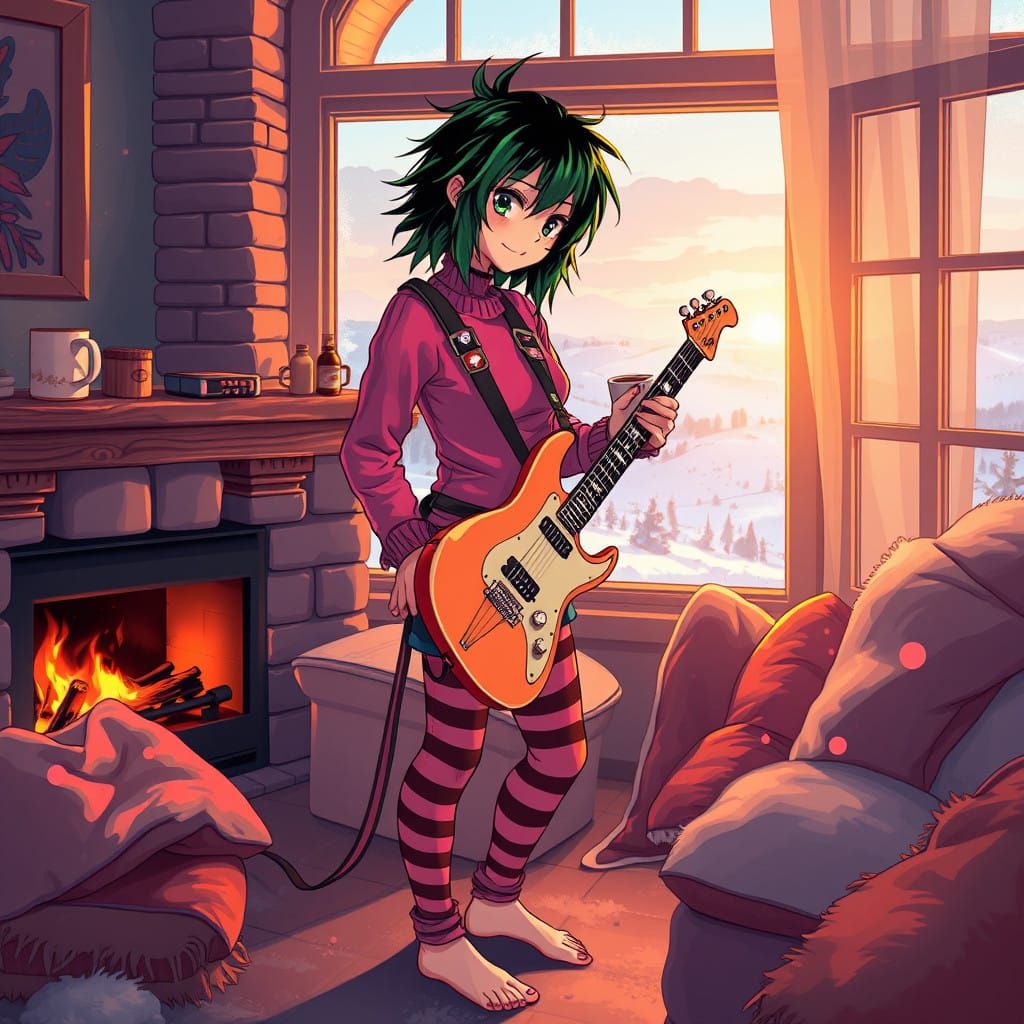 Vibrant Young Woman by Cozy Fireplace in Winter Wonderland