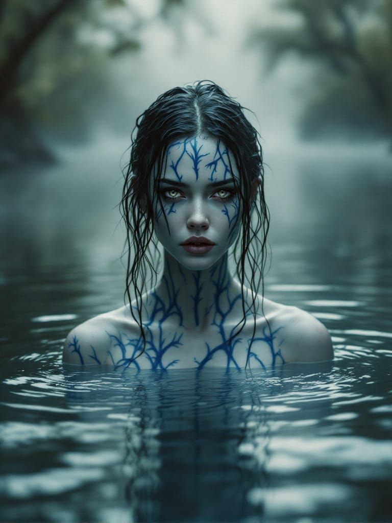Ethereal Water Nymph Emerging from Misty Lake