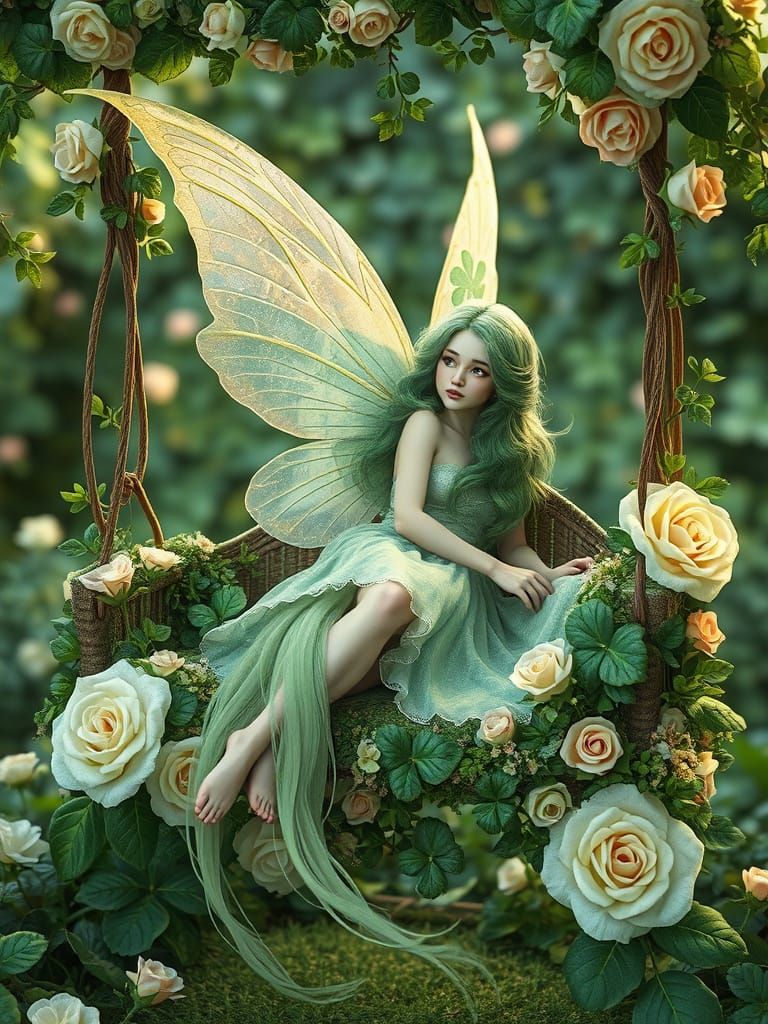Whimsical Irish Fairy in Watercolor Garden Scene