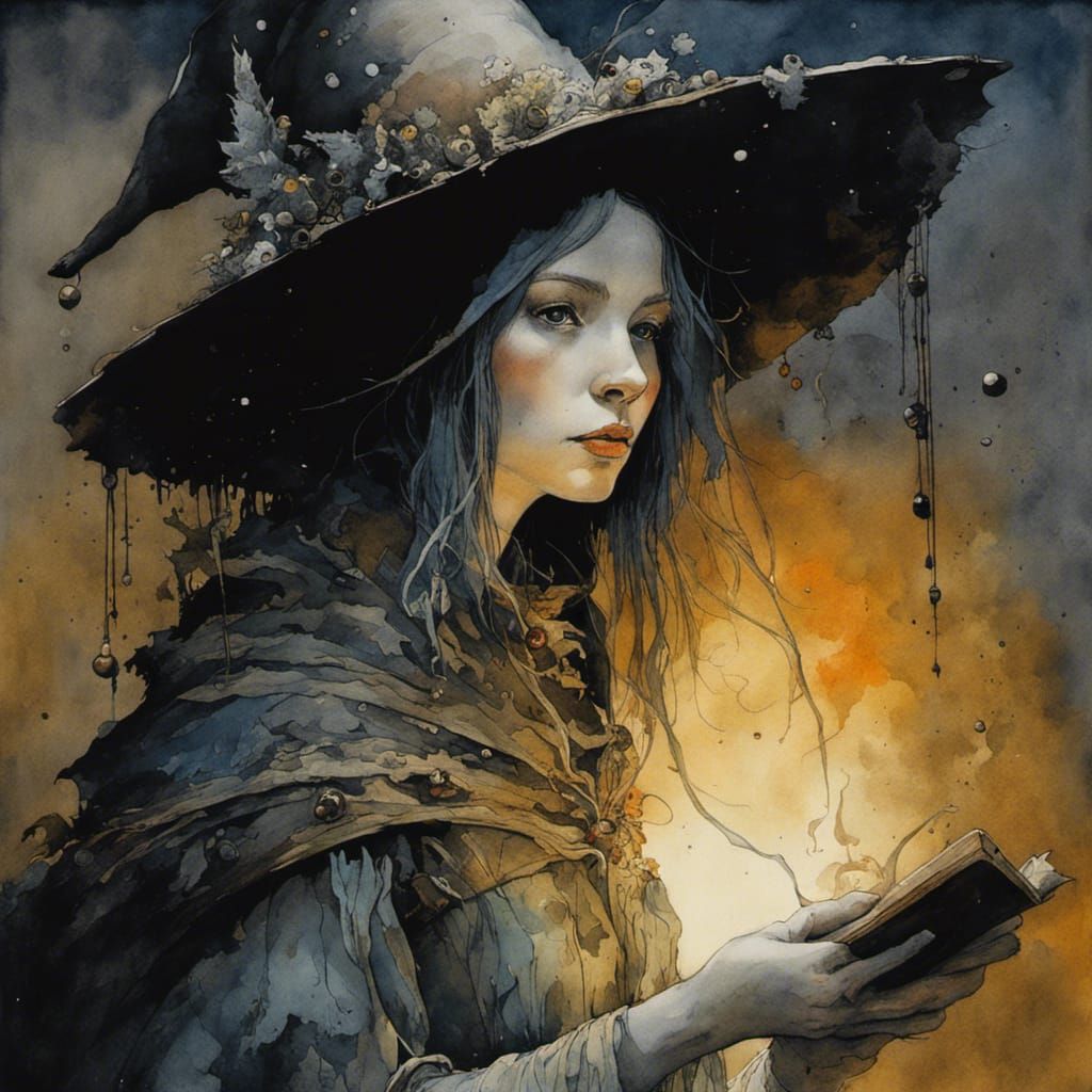 Watercolor Painting of a Beautiful Witch