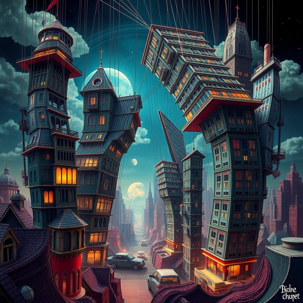 Surreal Dreamscape: Contorted Buildings in Futuristic Style