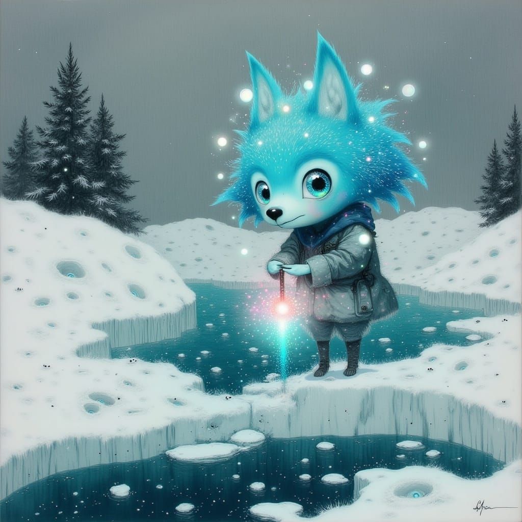 Turquoise Crystal Snow Fox Kit Plays in Winter Wonderland
