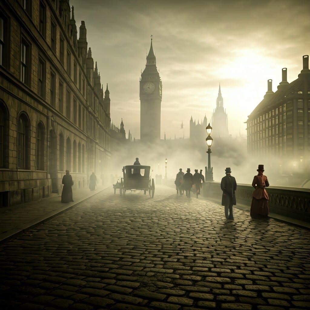 Victorian London Fog Scene in Golden Light