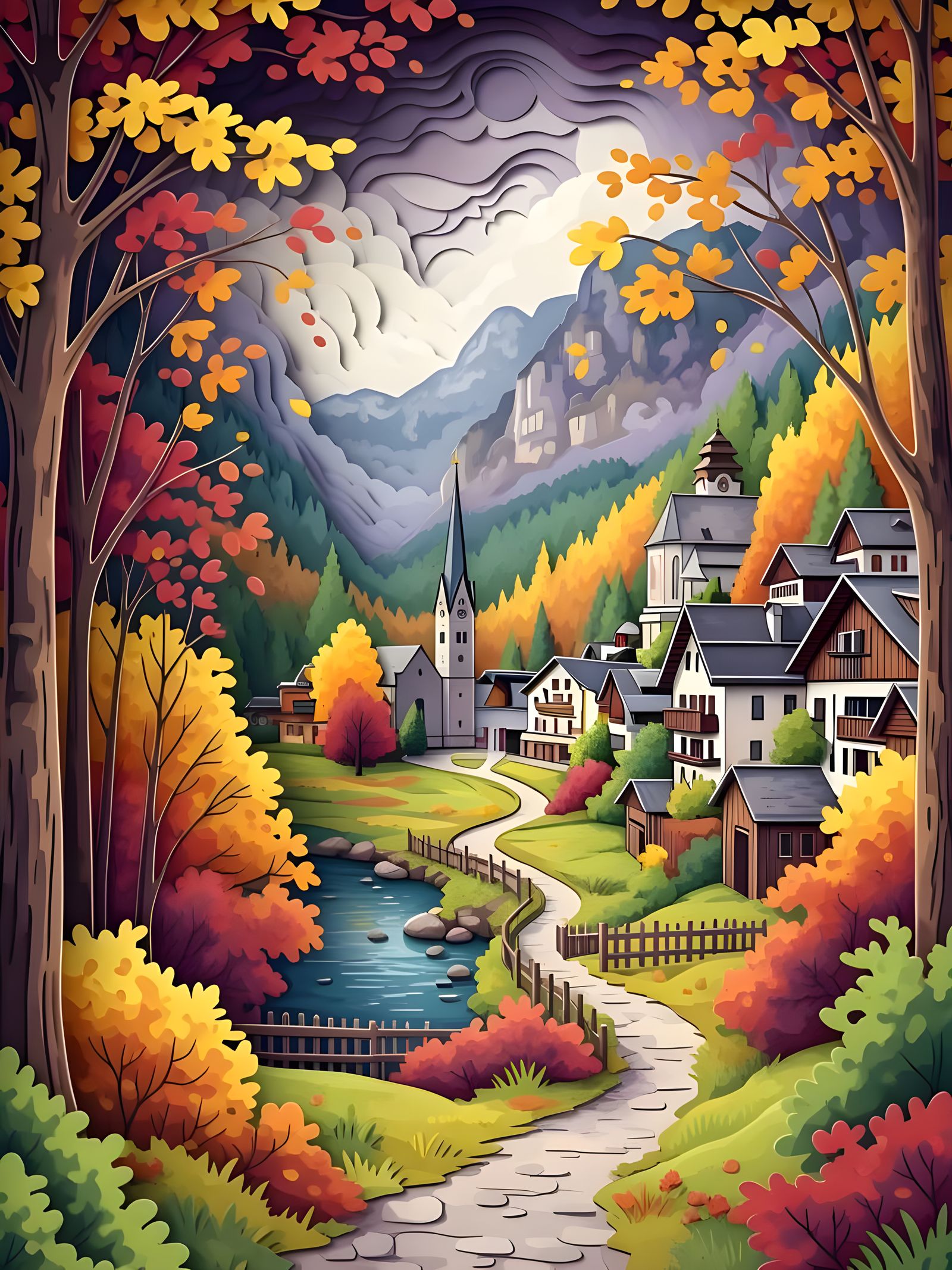Hallstatt Village in Autumn, 3D Watercolor Painting