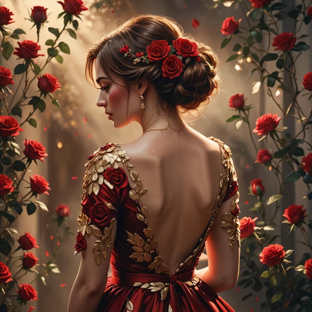 Woman in Red Rose Dress: Hyper-Realistic Digital Art