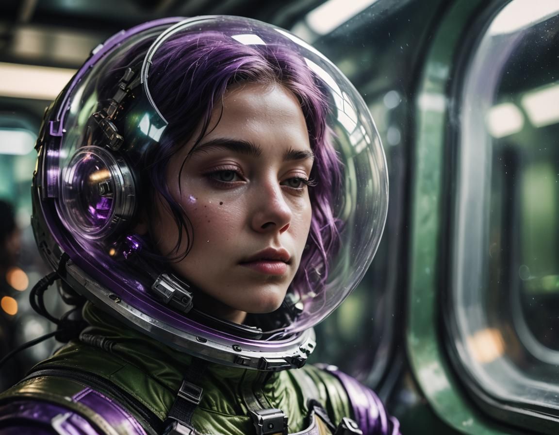 Girl Asleep in Spacesuit with Green Planet View