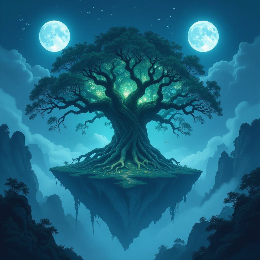Ancient Withering Tree in Misty Abyss with Twin Moons