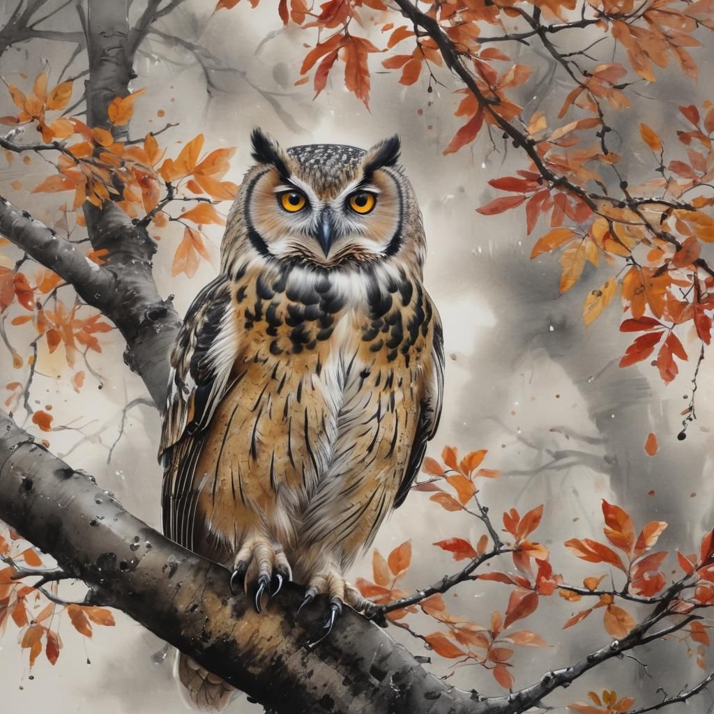 Autumn Owl in Chinese Ink Painting Style