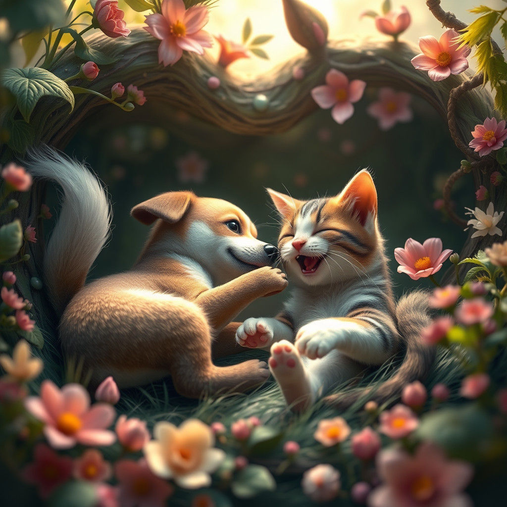 Whimsical Dog and Cat Duo in Dreamlike Realm