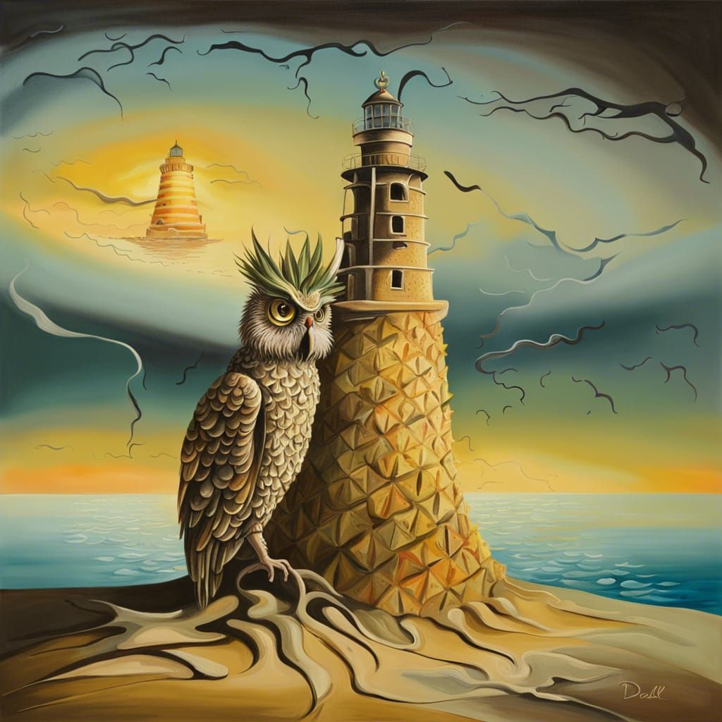 Surreal Desert Lighthouse Scene with Pineapple Owl