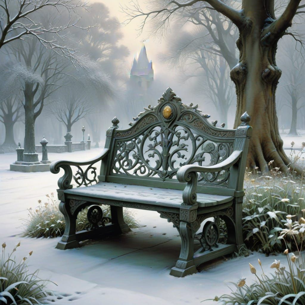 Victorian Winter Bench in a Snowy Park