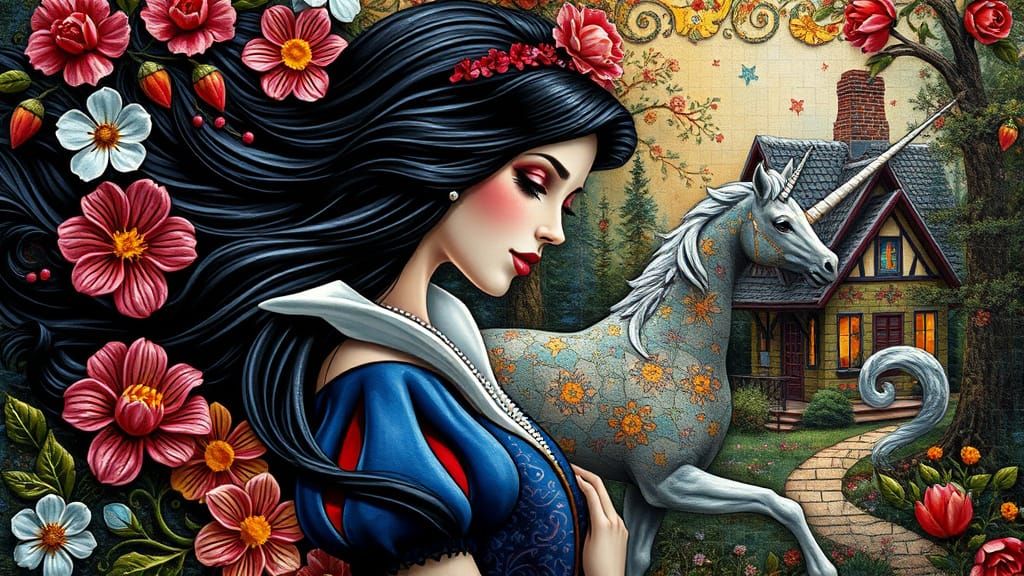 Snow White With Unicorn Amidst Blooming Florals and Cottage