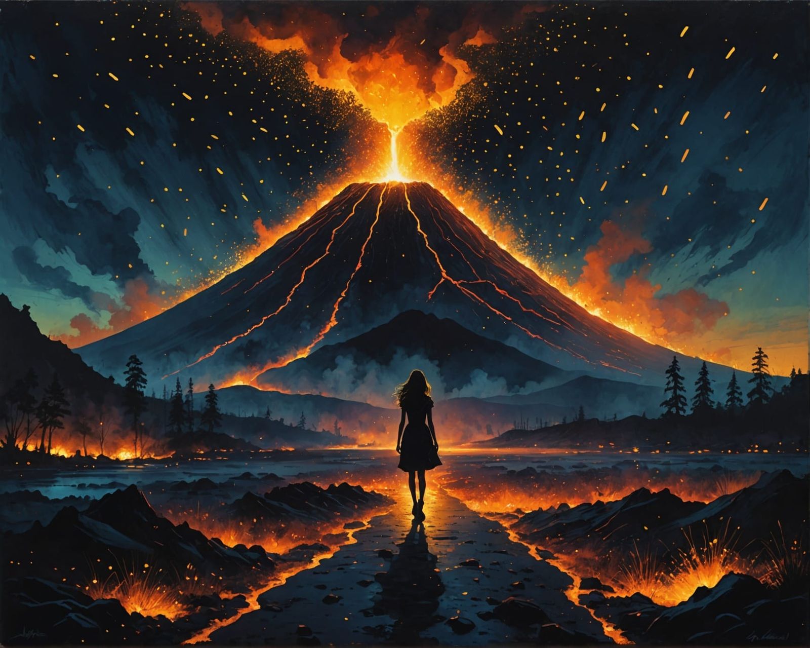 Volcano Silhouette Illuminated by Fireflies at Night