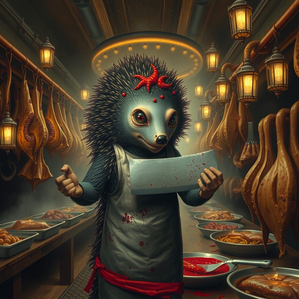 Alien Hedgehog Butcher in Ensor and Rublev Style
