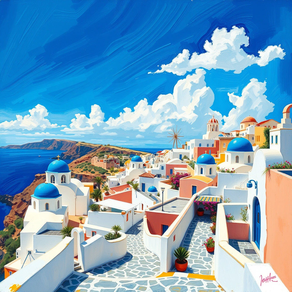 Santorini Landscape in Impressionist Style