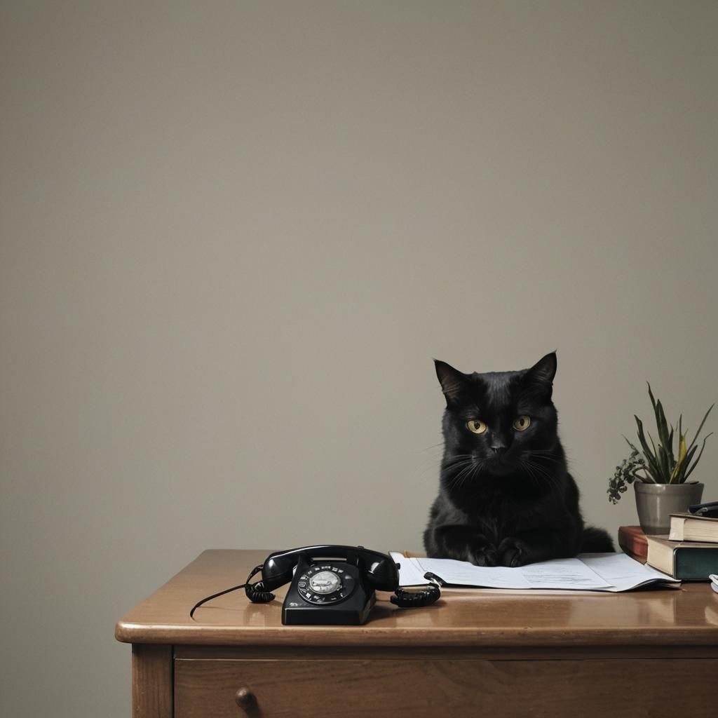 Black Cat Waiting by a Landline Phone