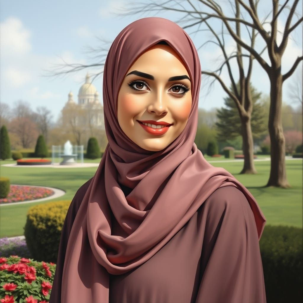 Modern Oil Painting of Woman in Hijab Smiling