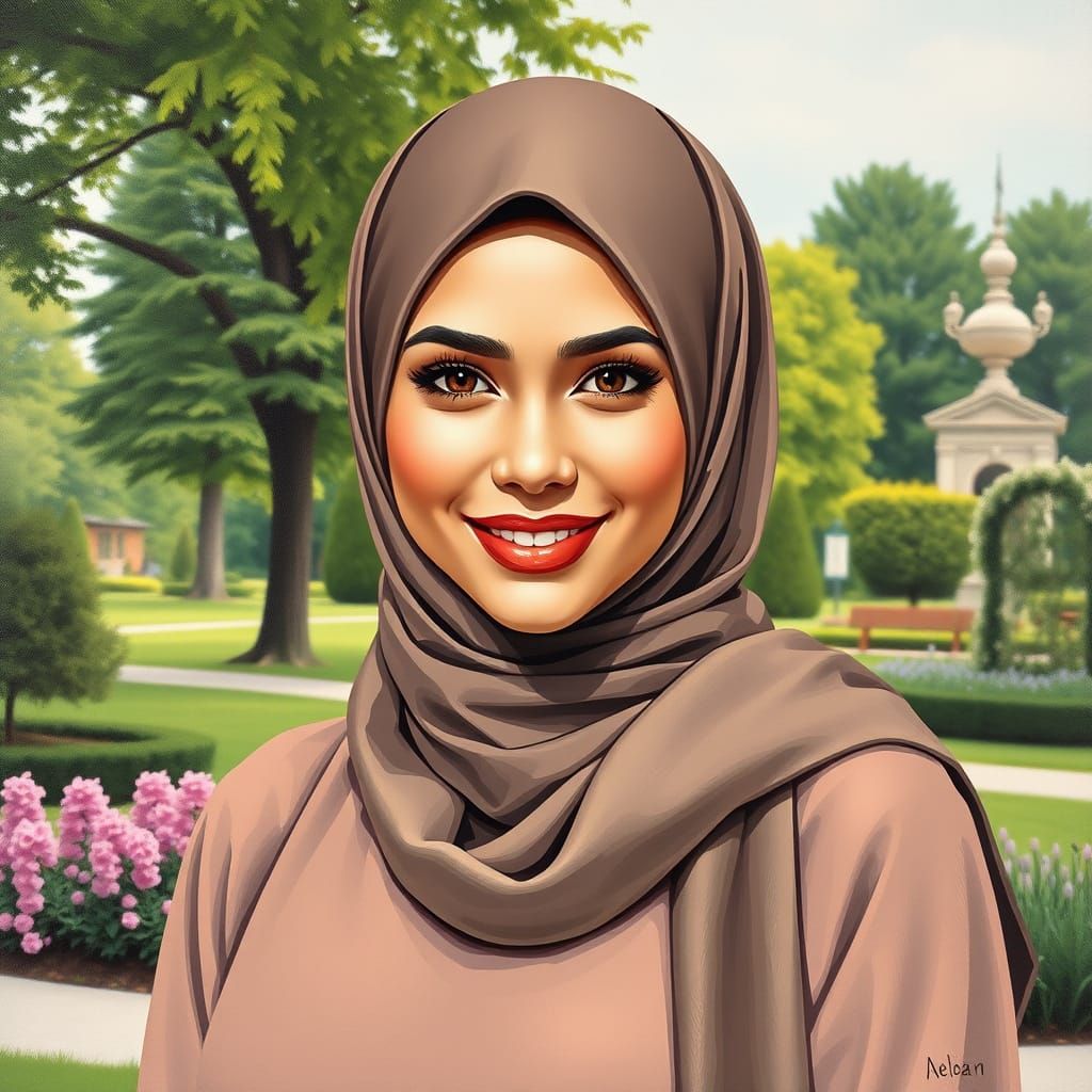 Elegant Hijabi Woman in Garden: A Modern Oil Painting