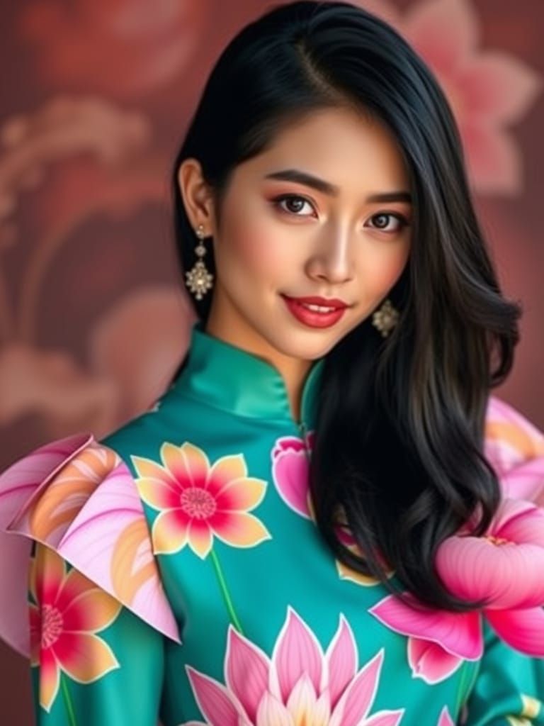 Ethereal Asian Goddess in Lotus Flower Attire