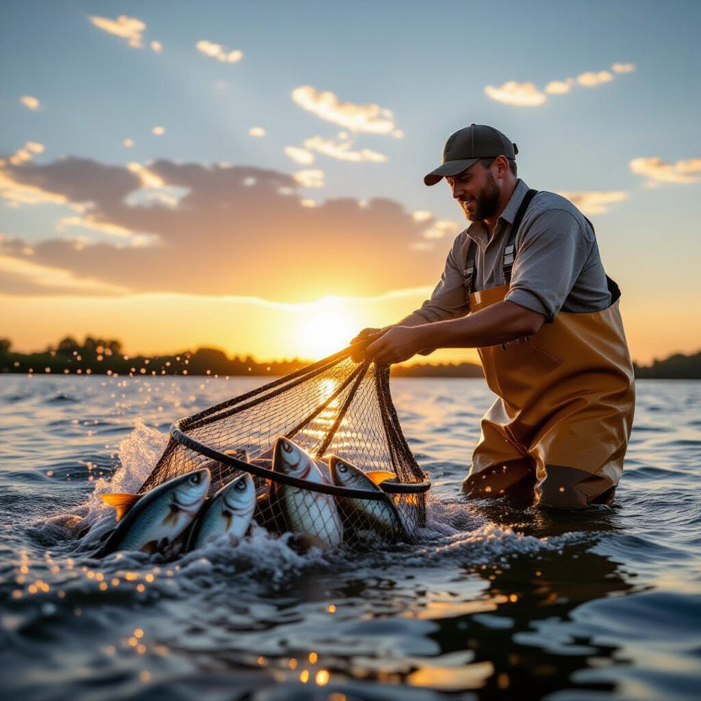 Fisherman Hauls Abundant Catch at Sunset