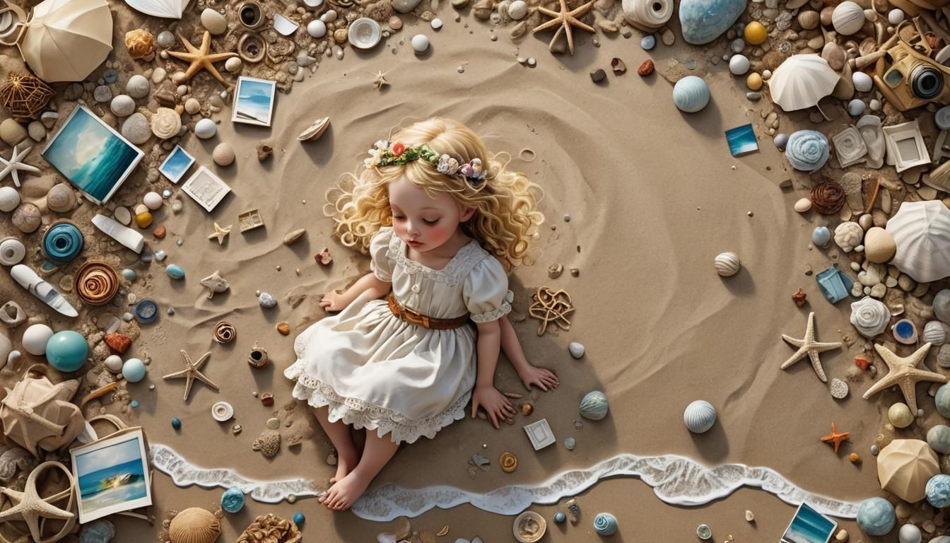Blond Baby Girl on Beach Scrapbook Art