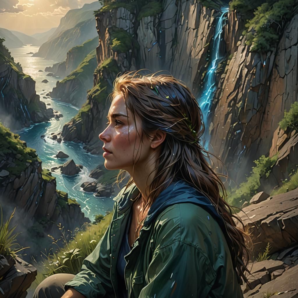 Woman Contemplates Cliff in Hyperrealistic Splash Art