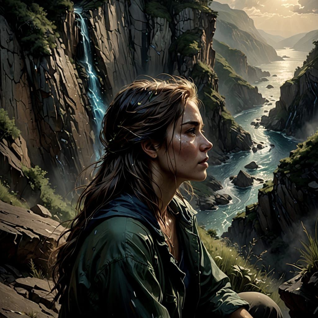 Sad Woman on Cliff in Hyperrealistic Splash Art