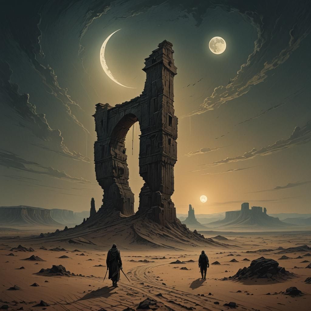 Dark Fantasy Desert Landscape with Lone Traveler