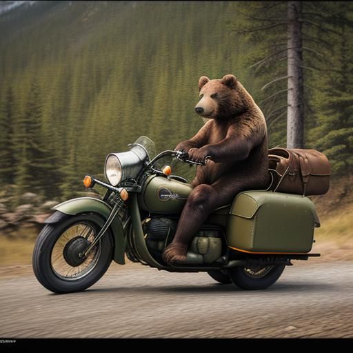 Brown Bear Rides Motorcycle on Mountain Road