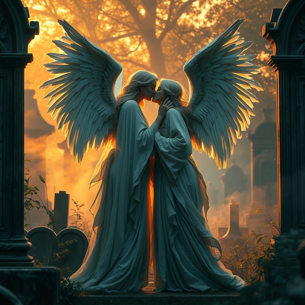 Angelic Kiss in Mystical Cemetery: Gothic Romanticism