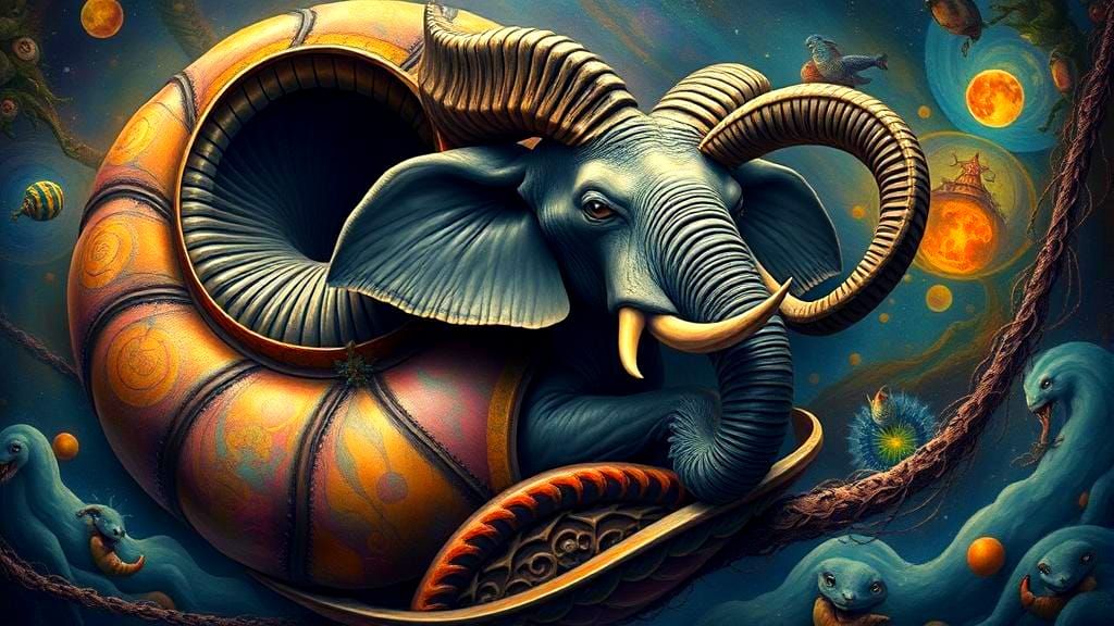 Surreal Elephant with Ram Horns in Shell
