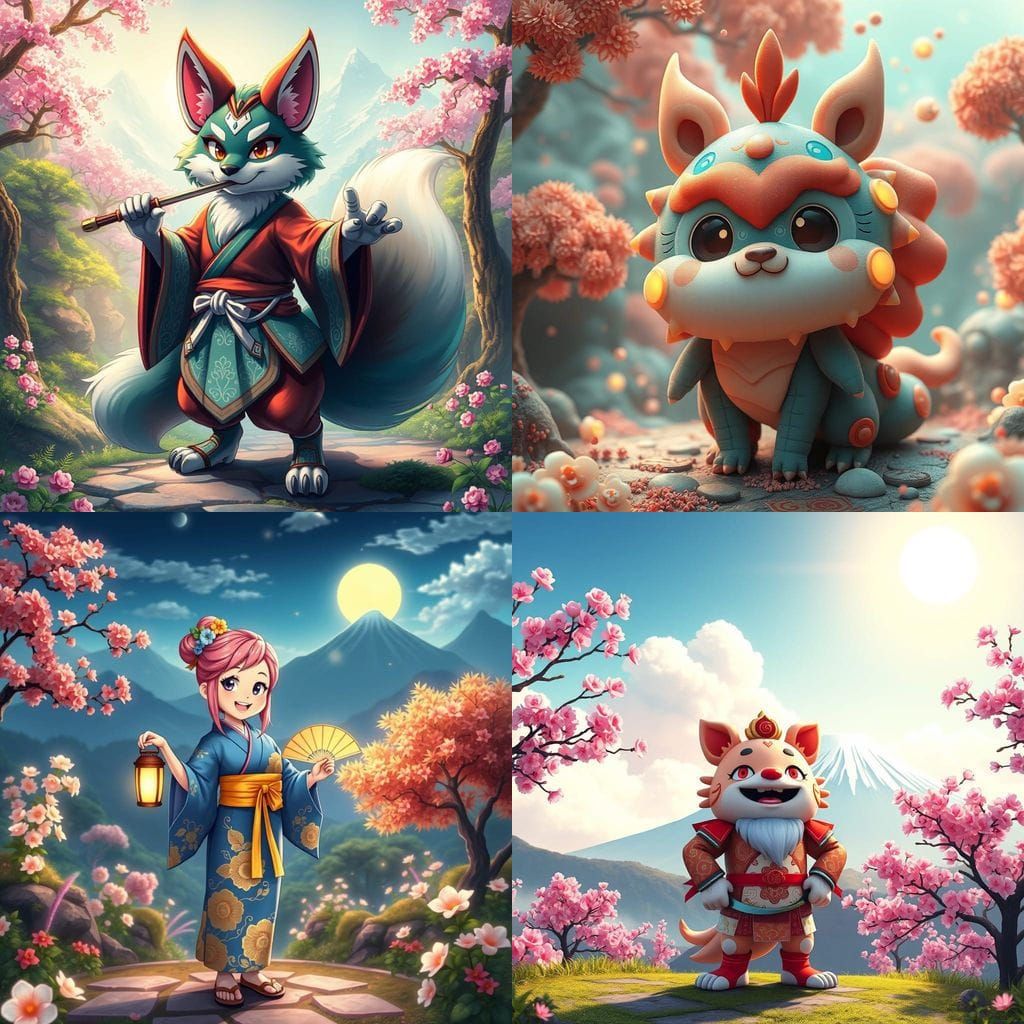 Fantastical Japanese Mascot Character in Vivid Colors