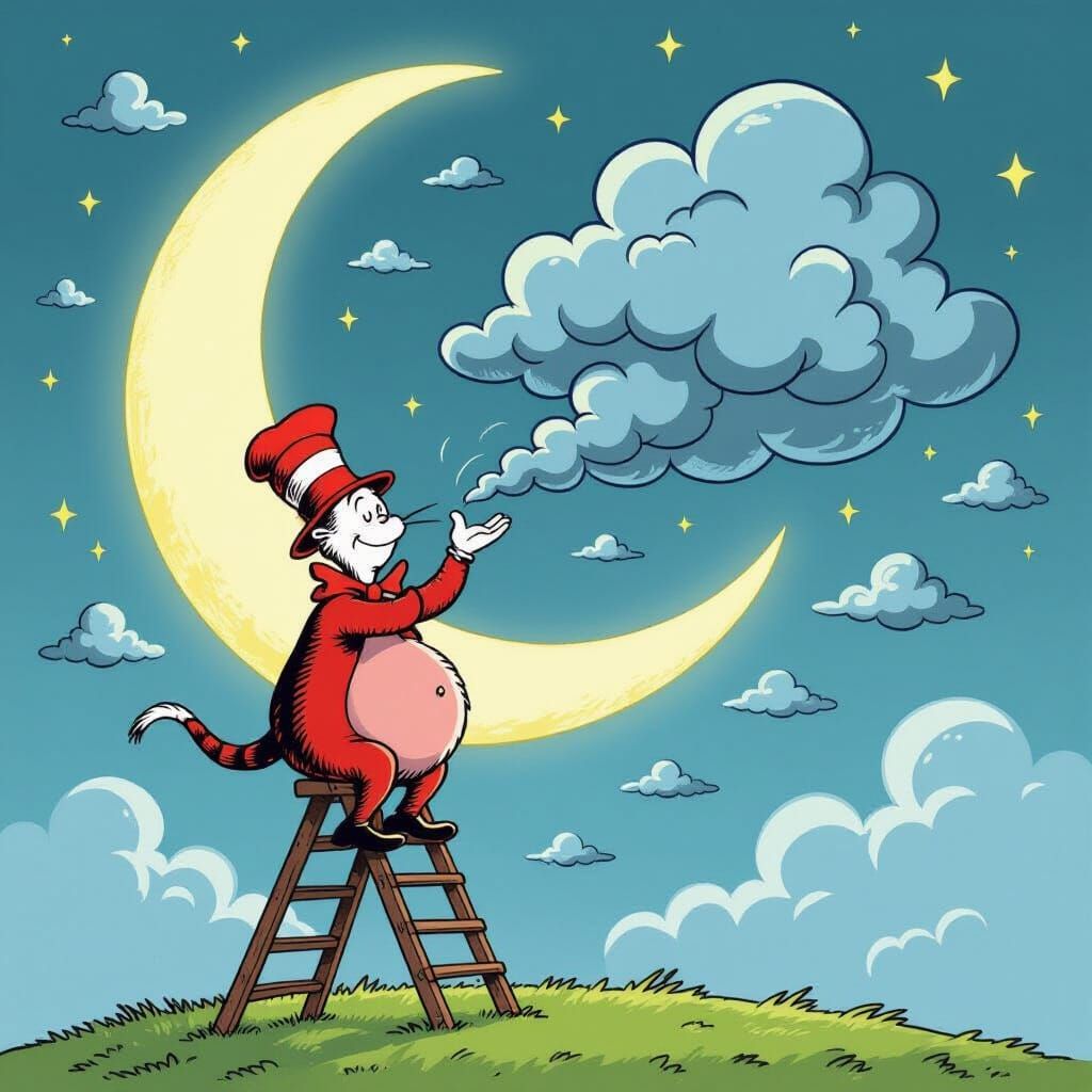 Comical Man Blows Cloud into Storm on Ladder to Moon