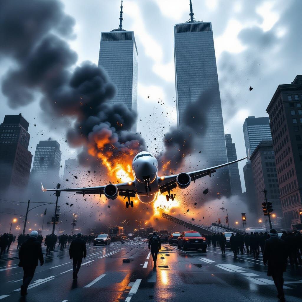 Airplane Impacting Twin Towers Cinematic Scene