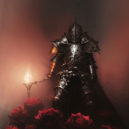 Unholy Paladin in Crimson Armor on White Roses
