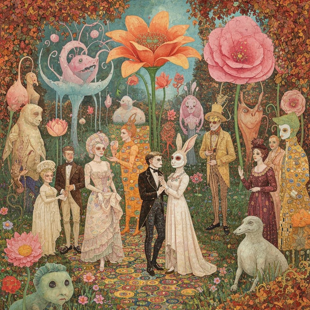 Surreal Garden Party with Rabbit, in Klimt Style