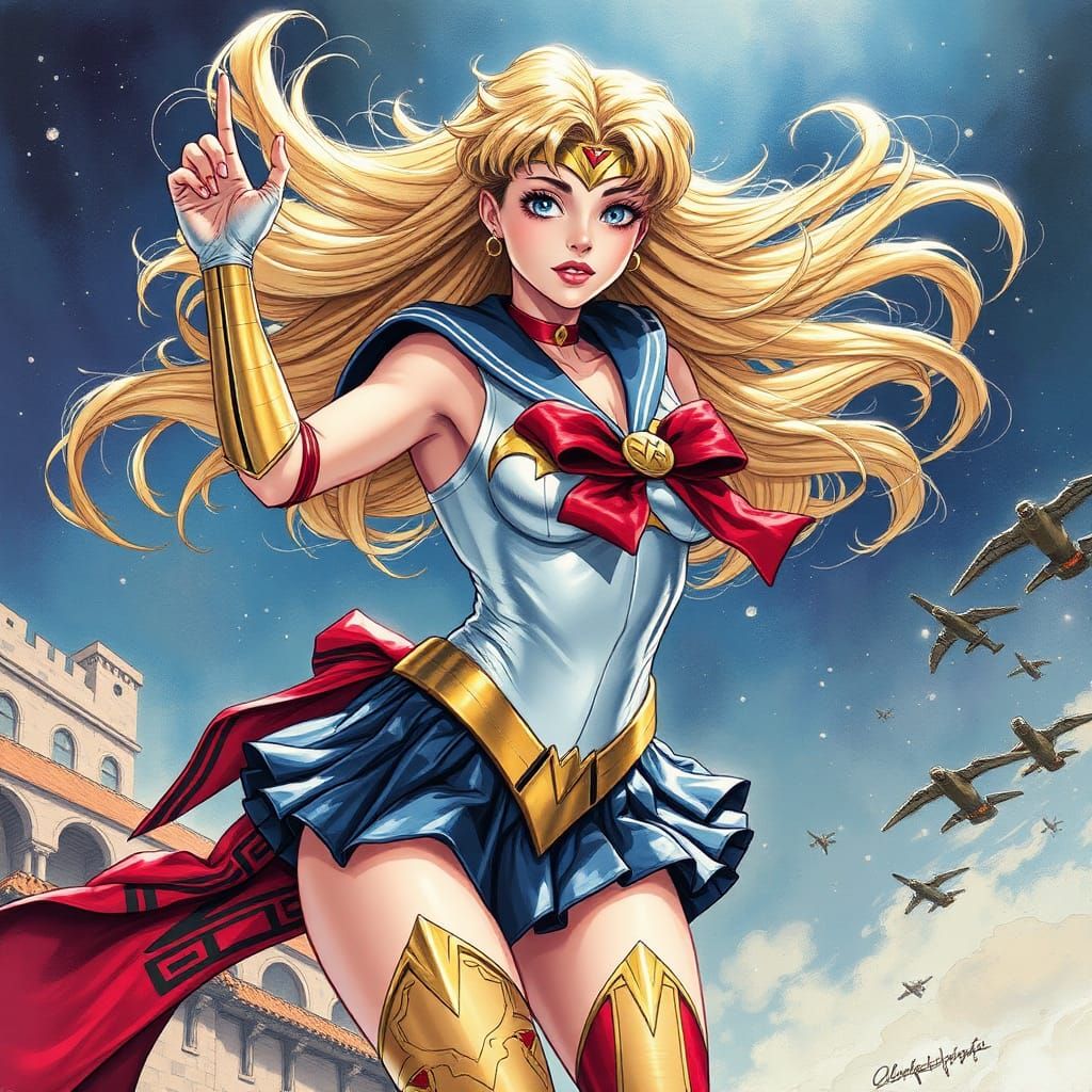 Sailor Moon as Wonder Woman in Action Scene