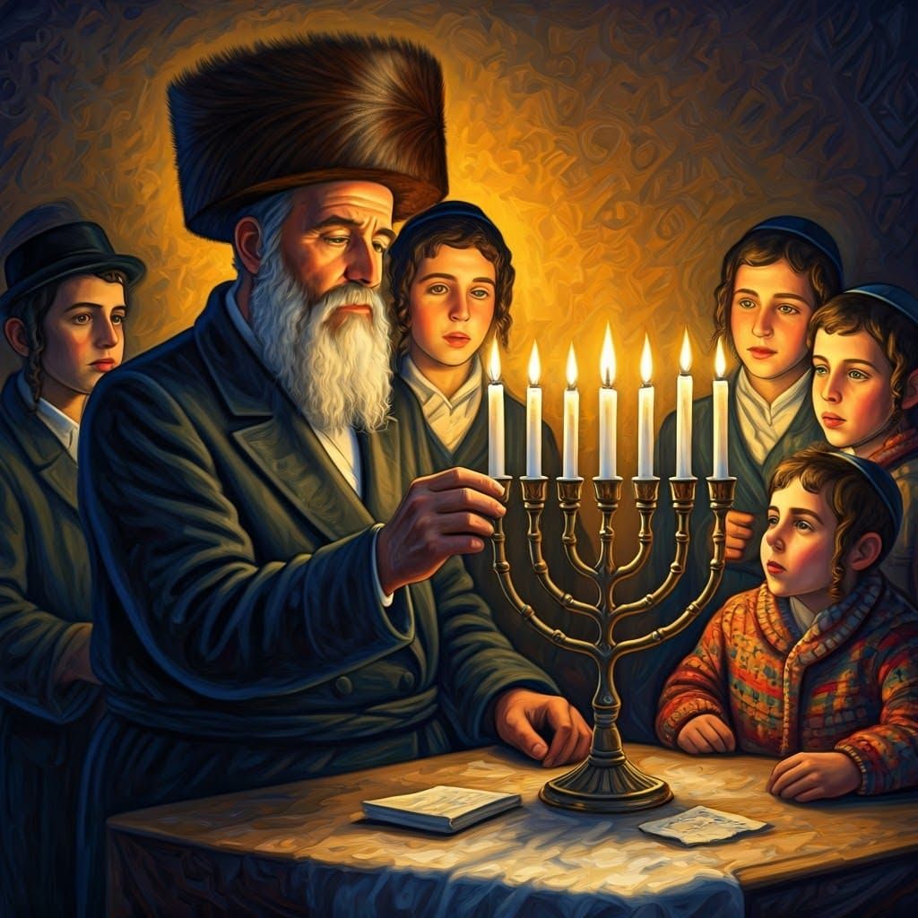 Traditional Orthodox Hasidic Jew Lights Hanukkah Candles in....