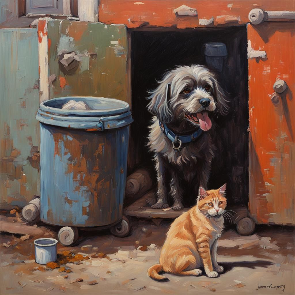 Dirty Dog and Clean Cat Oil Painting