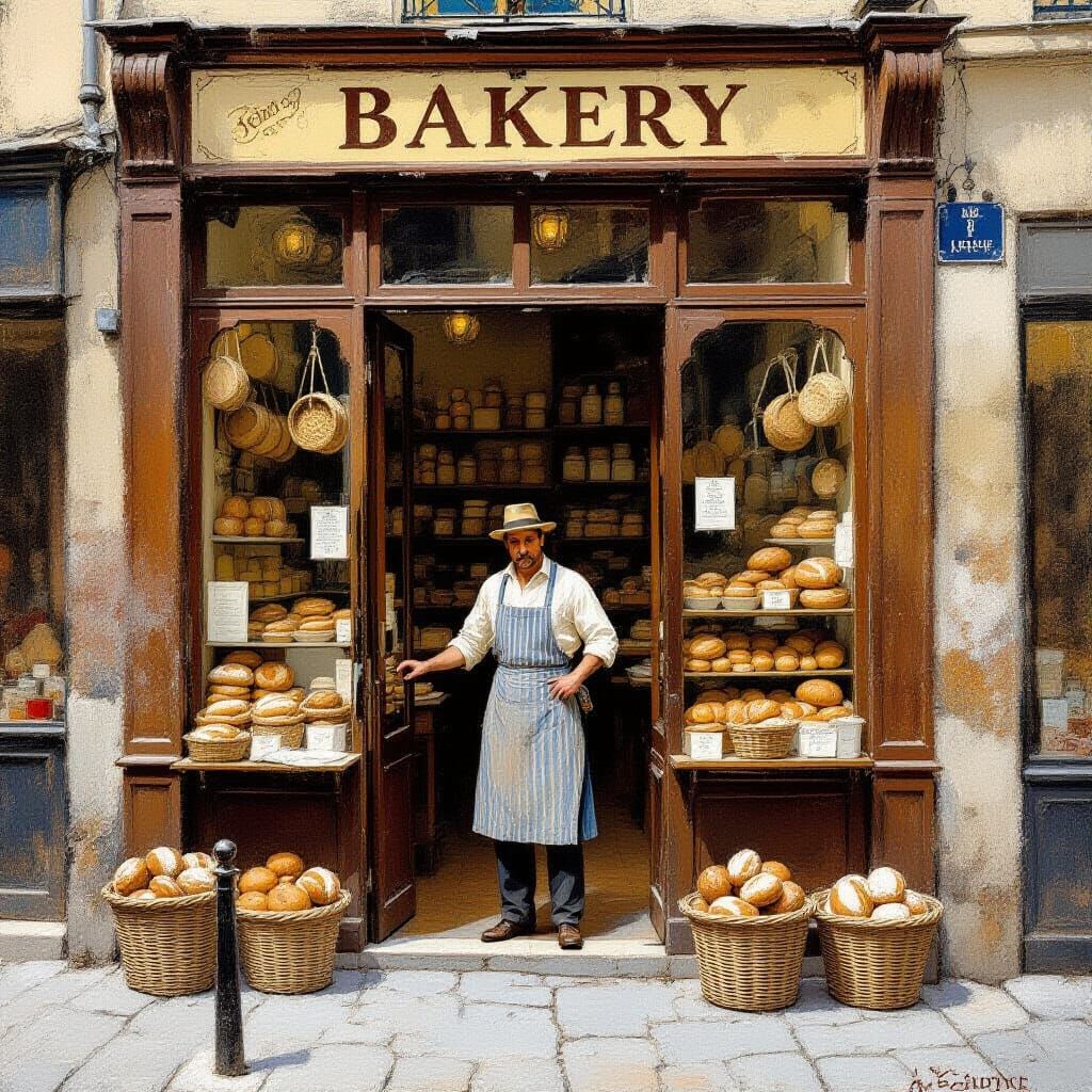 Parisian Baker in a Vintage Street Scene