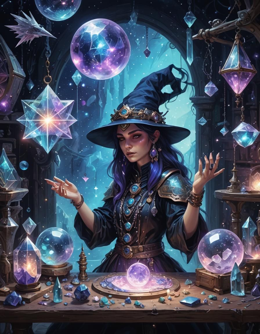 Sorceress Collecting Starlight in Mystical Aetherpunk Worksh...