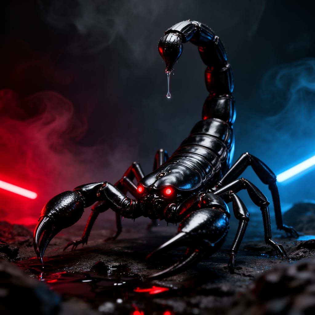Hyper-Detailed Black Scorpion with Crimson Eyes in Dark Fant...