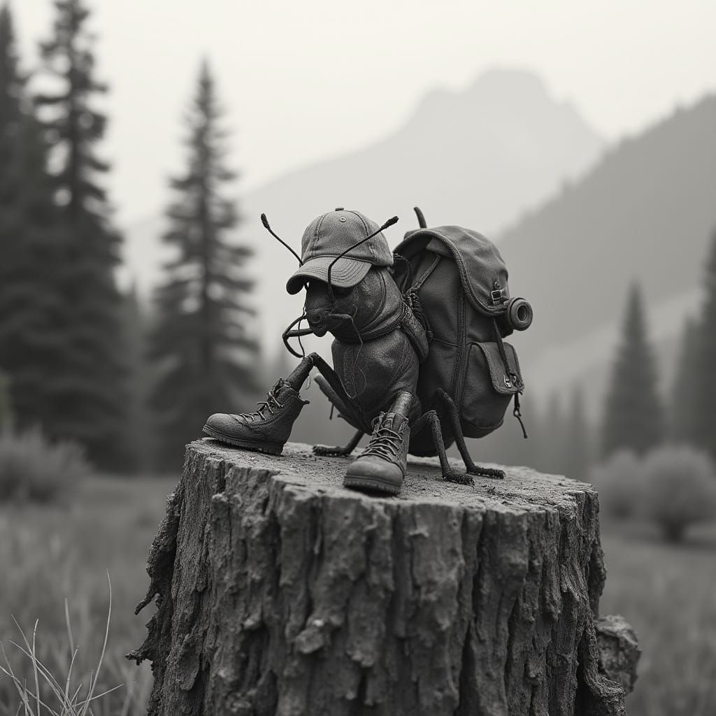 Earth-Toned Cricket in Worn Hiking Gear, Pine Trees