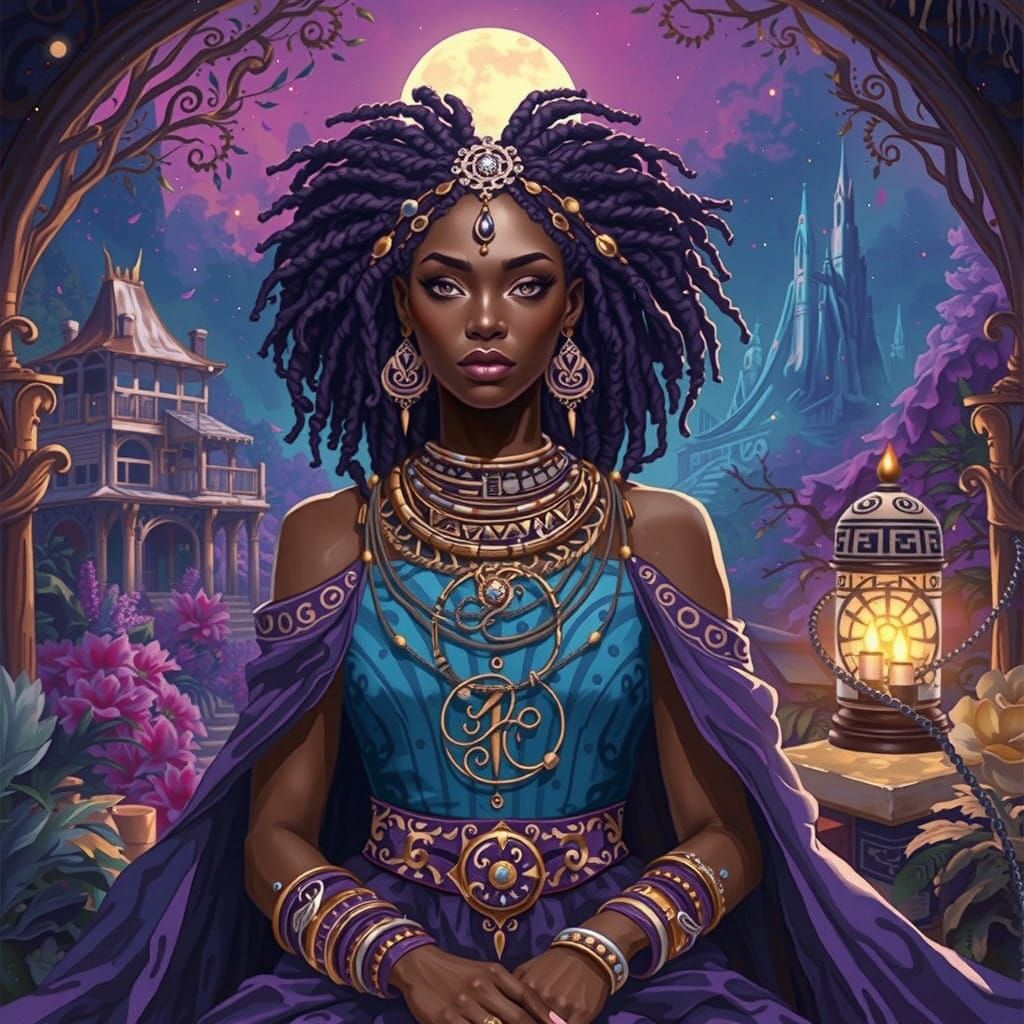 Serenely Adorned Young Black Woman in Afro-Surrealist Style