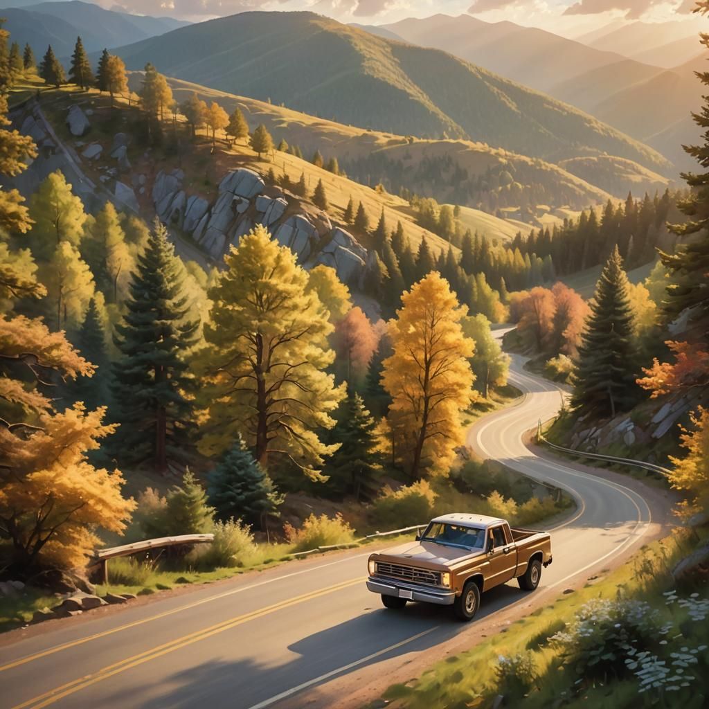 Remote Control Truck on Mountain Road in Kinkade Style