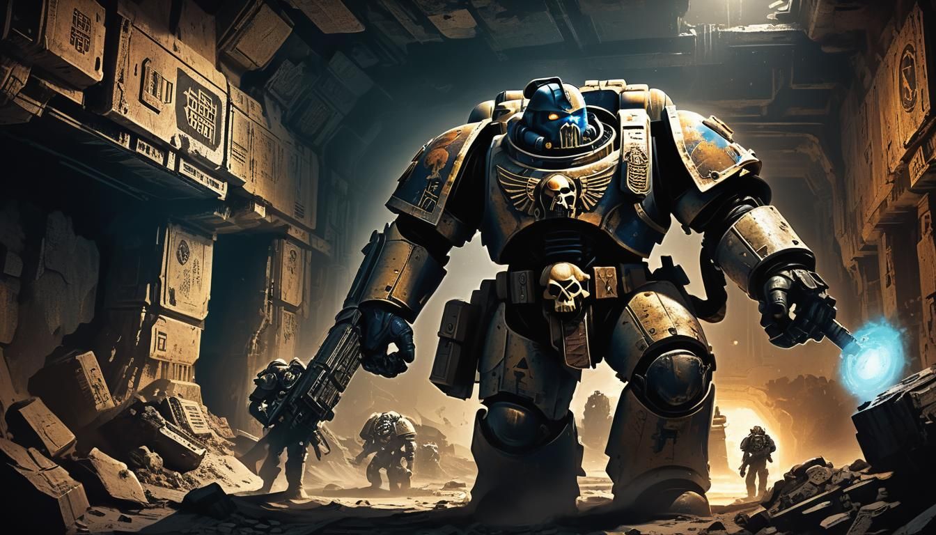 Space Marine in Ruined Bunker: Epic Sci-Fi Illustration