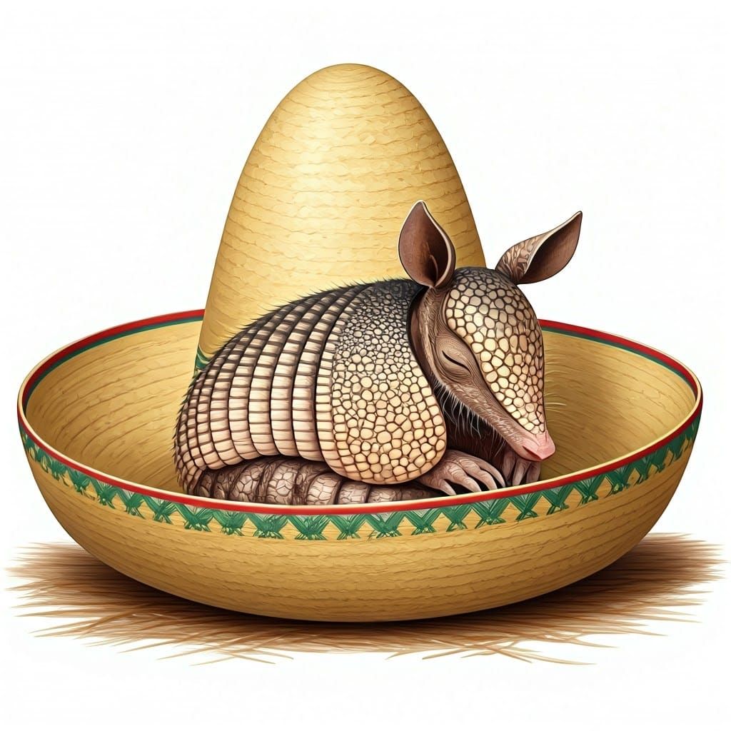 Baby Armadillo Asleep in Sombrero, Beatrix Potter Style